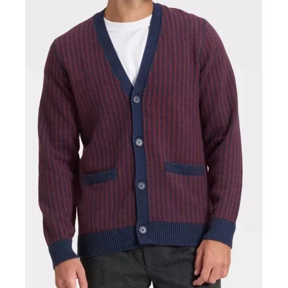 Goodfellow Men's Soft Knit V-Neck Striped Cardigan Sweater - Navy/Maroon - XL